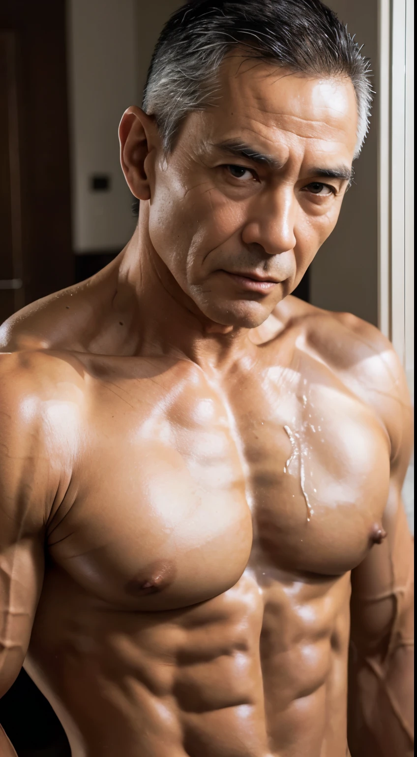 A very mature filipino man, in his 60s or older, with a lean yet muscular body. He has a hard erect penis, dripping with precum, and well-defined muscles despite his age. His physique is slim but shows clear muscle definition. His face and body are marked with visible wrinkles, emphasizing his age and experience. His stance is confident, with an intense gaze that conveys both wisdom and desire. Focus on the close-up of his body, highlighting his mature, toned appearance and the wrinkles that add character.