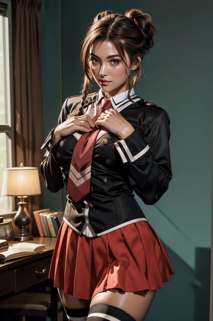 1girl, suspicious expression,(topheavy:1.2),(huge breasts:1.1), (topheavy:1.0),(bottomheavy:1.1), Joyful Victory Jump pose, (viewed from in front:1.1),beautiful face, seductive gaze, shiny skin, blush, eyeliner, eyeshadow, eyelashes, looking at viewer, Islands background , Brown eyes,( medium Aqua Braided Bun hairstyle),cinematic lighting, sunlight, volumetric, nice hands, perfect hands, zettai ryouiki, cosplayrealistic_bibleblack_schooldress_ownwaifu, pleated skirt, long sleeves, necktie, miniskirt, thighhighs, red necktie, vest, suspenders,Sexy Lawyer,22 years young, sexy lace lingerie,Classy business skirt, black blazer, white dress shirt, Tight Skirt, Reading a book at a desk, at the library, big, cleavage, perfect hands perfect fingers perfect breasts perfect fit perfect body perfect face perfect image realism detailed
