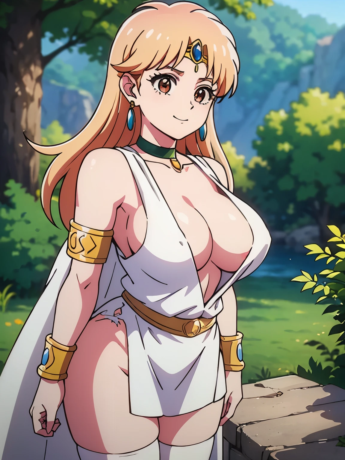 (masterpiece, highest quality:1.2), Ultra-high resolution), RAW Photos, Professional Lighting, Cinema Lighting, (1girl), Leona, Dragon Quest:dai no daibouken, (blonde, Long Hair, Brown eyes, tiara, hair ornaments, bangs), ((earrings, brass Circlet, choker, white cape & cloak, sleeveless white cardigan, green short dress, torn white knee high socks, golden bracelet)), ultra large natural breasts, Super huge tits, Super huge boob, Super huge cleavages, (nature, grasses, rocks, trees, lake, sky, mountain view), detailed face, detailed eyes, clear & fine eyes, Standing, bending upper body deeply, ((real down blouse & nipslip, visible nipples from leaning forward posture, exposed nipples from leaning forward posture, disclosed nipples from leaning forward posture)), ((deep leaning forward posture)), half smile, front view,
