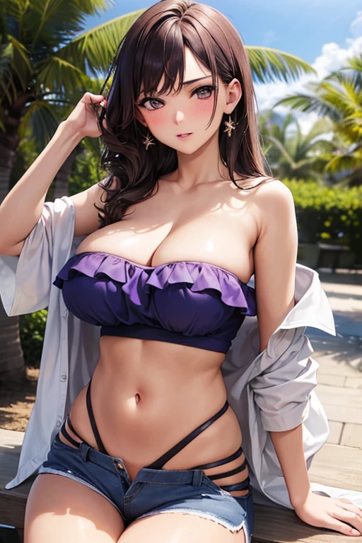 (best quality), (masterpiece), 1 girl, early 20's, huge heavy breasts, perky breasts, thick, thick lips, wide hips, thin waist, off-shoulder bikini, off-shoulder bikini, purple bikini, denim shorts, open jacket