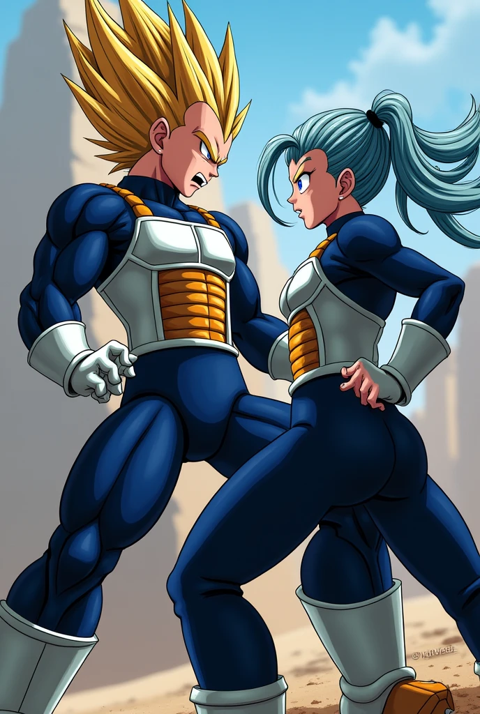 Vegeta's hair is standing on end. He was wearing a Dark blue suit and over it the typical armor that Saiyans wear. against his daughter Bura, GOOD, dragon ball gt bura, Girl with light blue hair, blue eyes, Dark blue suit, Typical armor worn by Saiyans, loose hair, hits, Father and wife