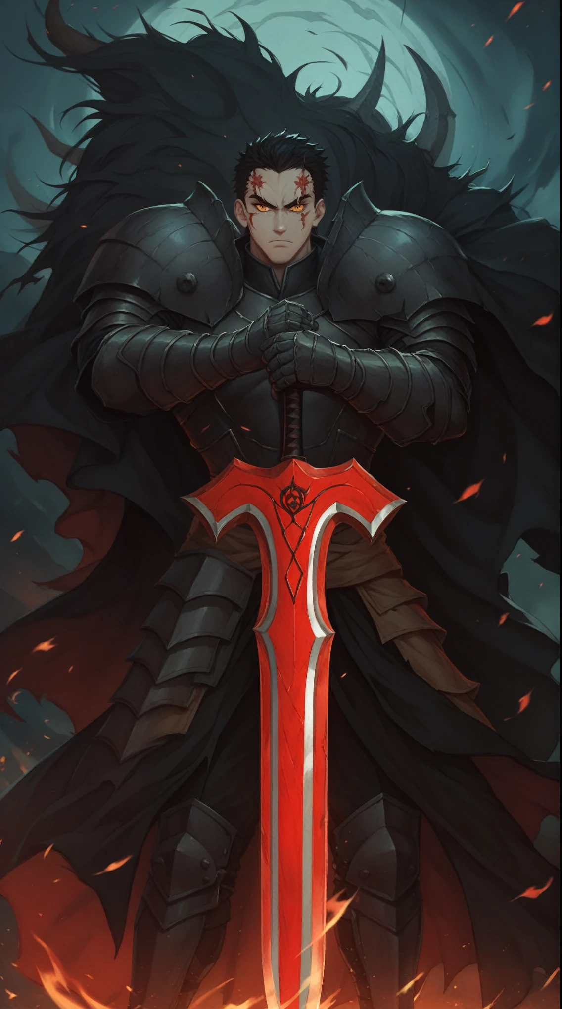 a painting of a man in armor holding a sword in front of a fire, handsome guy in demon slayer art, badass anime 8 k, by Yang J, anthropomorphic raven knight, demon slayer artstyle, berserk art style, demon slayer rui fanart, epic fantasy art style, berserk skullknight black armor, dark fantasy style art, holds a black sword