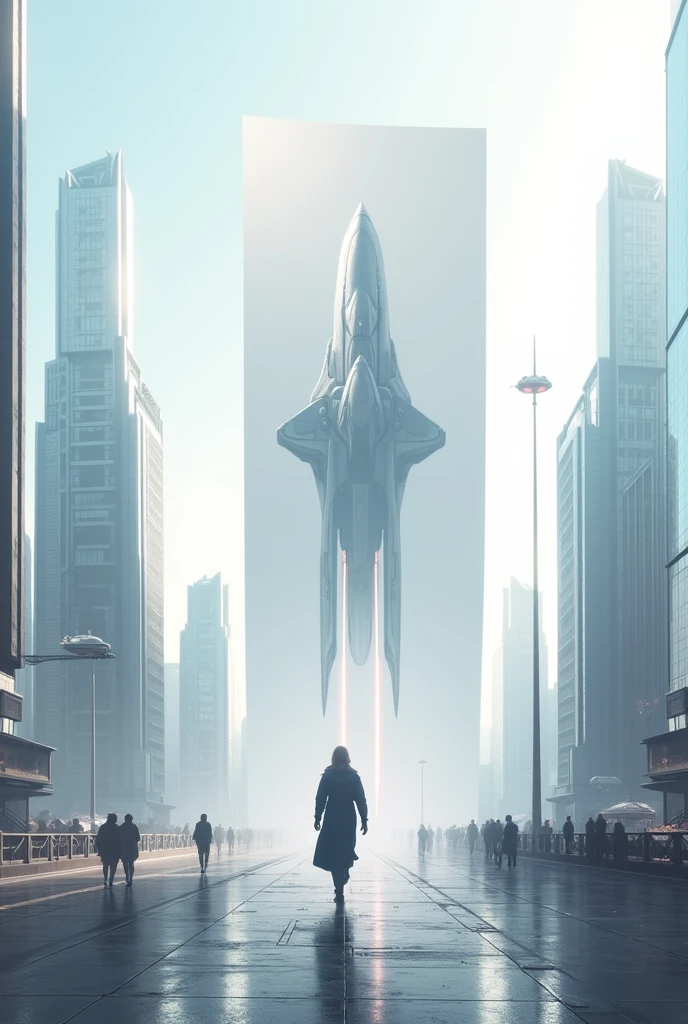 create a white flag that in the middle has a spaceship appearing on the horizon of a city with large tall structures



