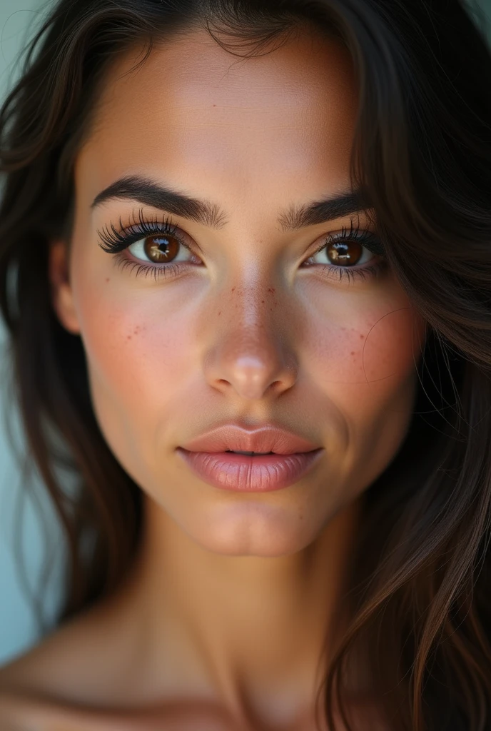 Face of a Brazilian woman, rounded, with light cheeks and round chin,com olhos castanhos,big teats, long and striking, black eyebrows and eyelashes, round nose slightly flattened, average size, mouth with thick lips in a slightly pink color with a smile on the face that highlights just a dimple on the side of the cheek. 