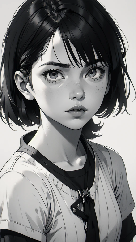 1 boyish girl, solo, sharp eyes, monochrome, greyscale, short black hair, portrait, white T-shirt, Thin eyebrows, closed mouth, looking at viewer, graphite \(medium\), detailed lips, hatching \(texture\), without makeup, bangs, upper body, (best illustration), (best quality), (very detailed), (masterpiece), expressionless,