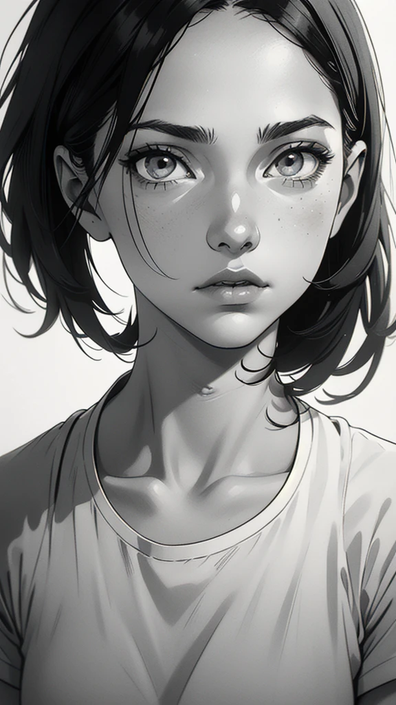 1 boyish girl, solo, sharp eyes, monochrome, greyscale, short black hair, portrait, white T-shirt, Thin eyebrows, closed mouth, looking at viewer, graphite \(medium\), detailed lips, hatching \(texture\), without makeup, bangs, upper body, (best illustration), (best quality), (very detailed), (masterpiece), expressionless,