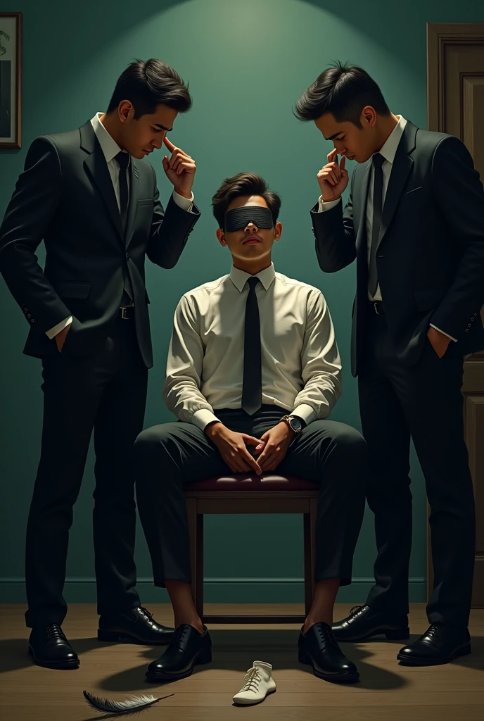 Handsome malay Zarul 22years lawyer
He laugh
Focus 5toefeet
Shoeless
Hand Handcuff wooden chair
blindfolded
feather on floor
Pair of Blacksock on floor
2 mafia pinch their nose
The mafia boss rub his soles