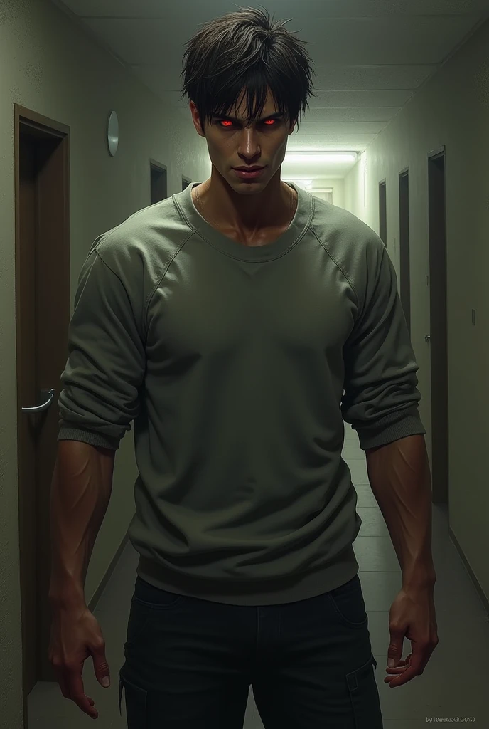 naughty man, brunette skin, Eyes red, short black hair, defined body and wearing casual clothes or sweatshirt and pants