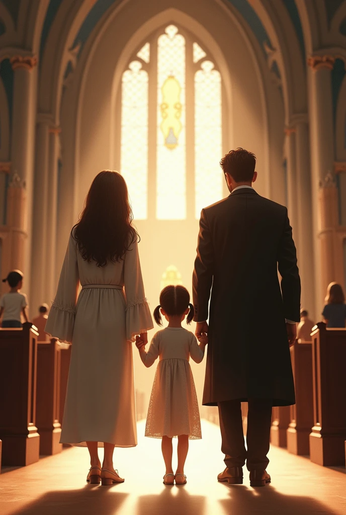 girl going to church with her mother and father