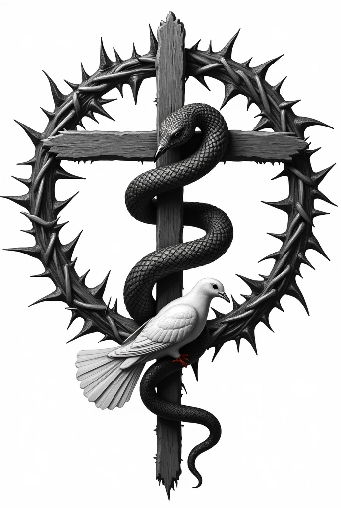 Drawing of a snake coiled around a cross. Behind a circle of thorns. A dove in front. Black and white for tattoo.