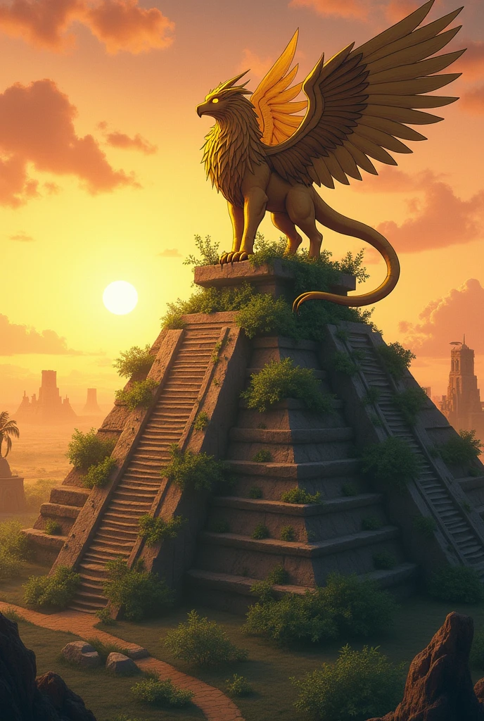 Ghibli Studio style, a majestic griffin with lion's body and bird's head, burnished gold feathers and glowing eyes perched atop a crumbling vine-covered ziggurat, bathed in the twilight hues of a setting sun. The Mesopotamian city below is overgrown with exotic flora in. The griffin's wings are slightly spread and have sharp metal edges, ornate plate armor.
