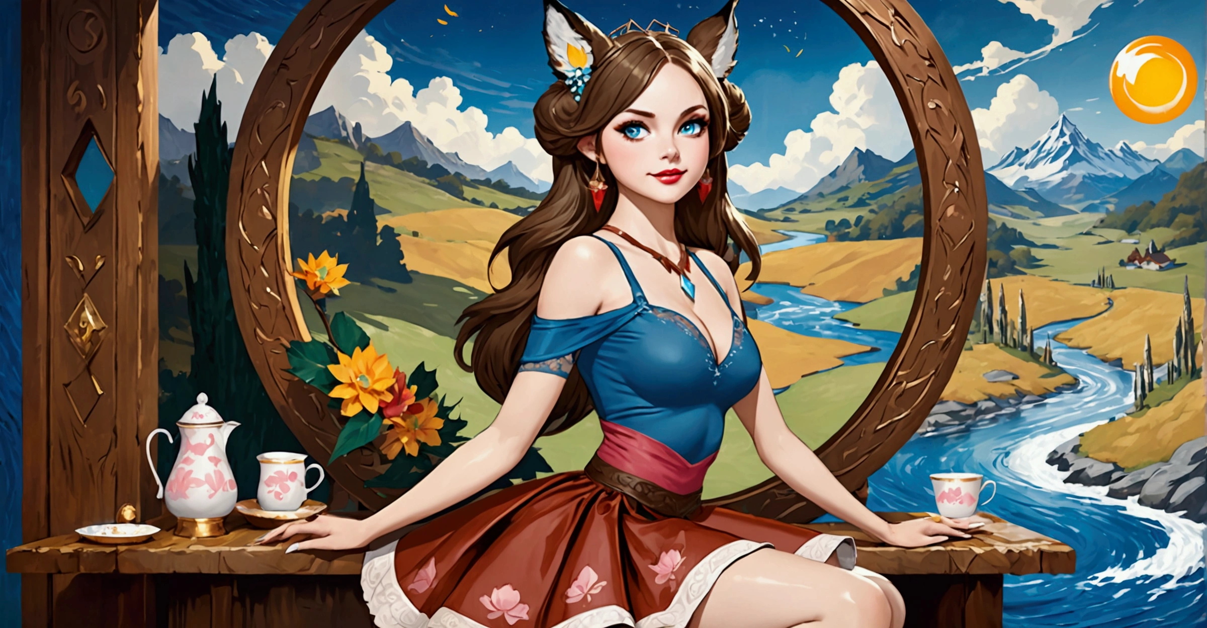 Anthropomorphic feminine kitsune-satyr women. long detailed fingers. Official Art – An Award-Winning Digital Masterpiece In 4K Ultra HD, Extreme Detail And Intricate Realism. Symmetrical Face. This Concept Art Brought To Life By The Hands Of Artists Like Wlop & Artgerm In A Stunning 2D Vector Illustration. Background Is A Panoramic Vista.