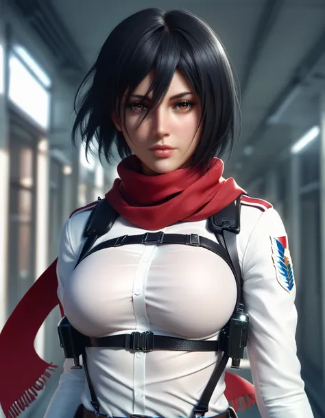 score_9, score_8_up, score_7_up, 1girl, solo, breasts, looking at viewer, short hair, shirt, black hair, red eyes, long sleeves,...