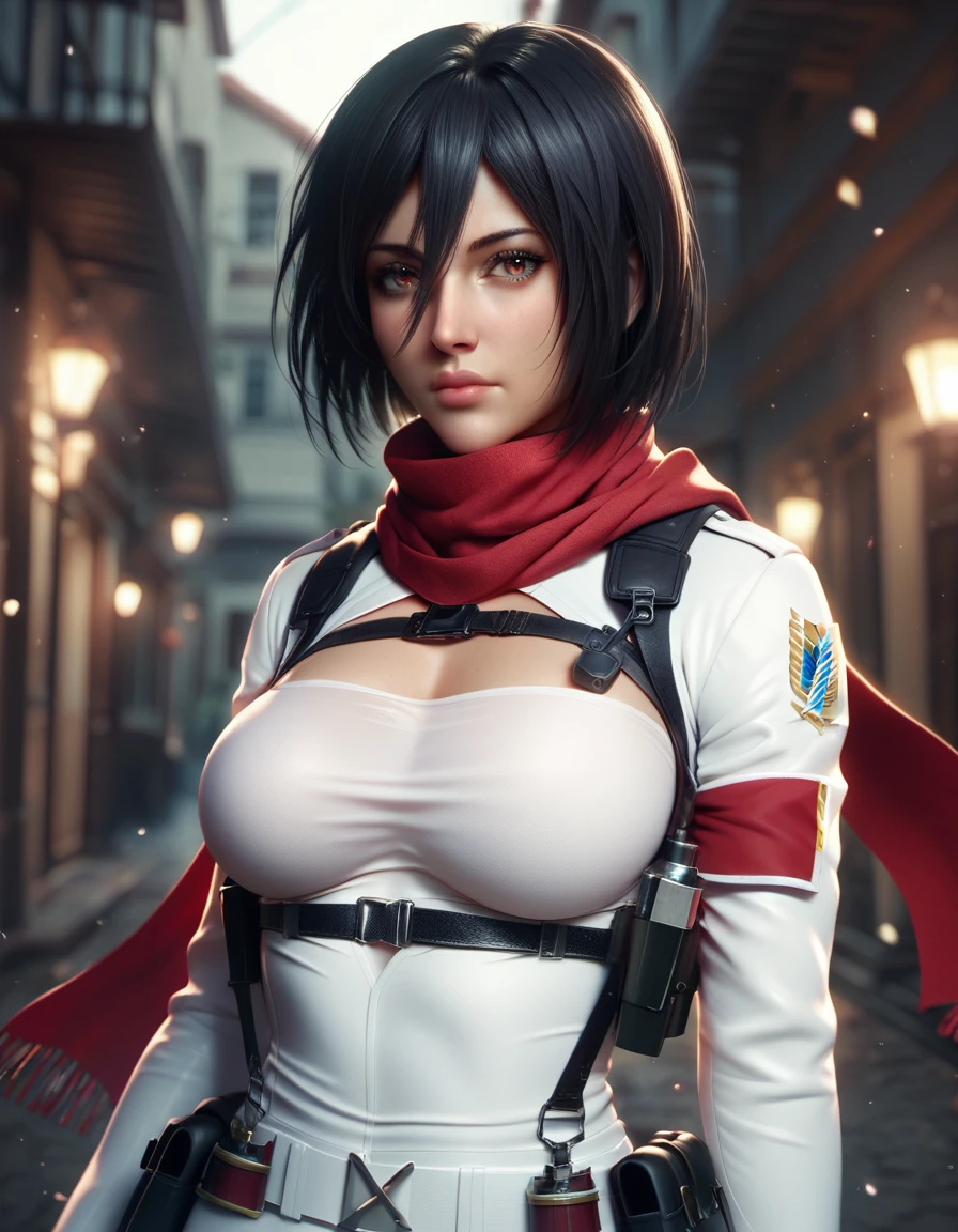 score_9, score_8_up, score_7_up, 1girl, solo, breasts, looking at viewer, short hair, shirt, black hair, red eyes, long sleeves, hair between eyes, closed mouth, jacket, white shirt, upper body, weapon, open clothes, belt, scarf, blurry, uniform, open jacket, lips, blurry background, red scarf, emblem, paradis military uniform, three-dimensional maneuver gear, survey corps (emblem), mikasa ackerman