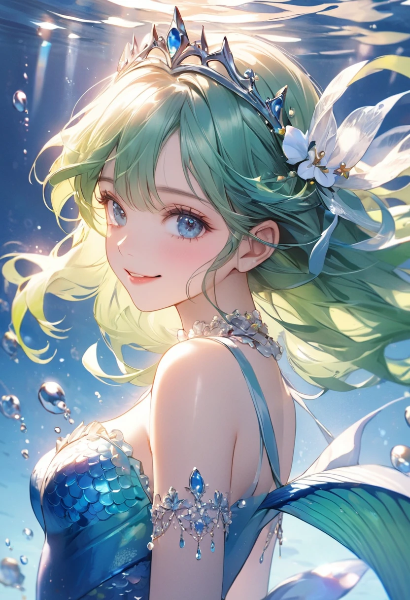 (Blue Theme art),(Highest quality),(masterpiece),(1. The Little Mermaid),(alone),Delicately painted face,Girl with a beautiful face,Beautiful detailed clear blue eye,(Beautiful detailed mermaid fin),Swimming underwater,Beautiful fins,Beautifully detailed blue fins,((Blue costumes and decorations)),(Beautiful silky green hair:1.3),tiara,Pure white skin,Beautiful artistic illustration,White and blue theme,Beautiful smile,(From the side),(Glancing sideways),Cowboy Shot,Bright colors,Soft gradient,pastel,Lens flare,(Floating in water),The stained glass background is blurred
