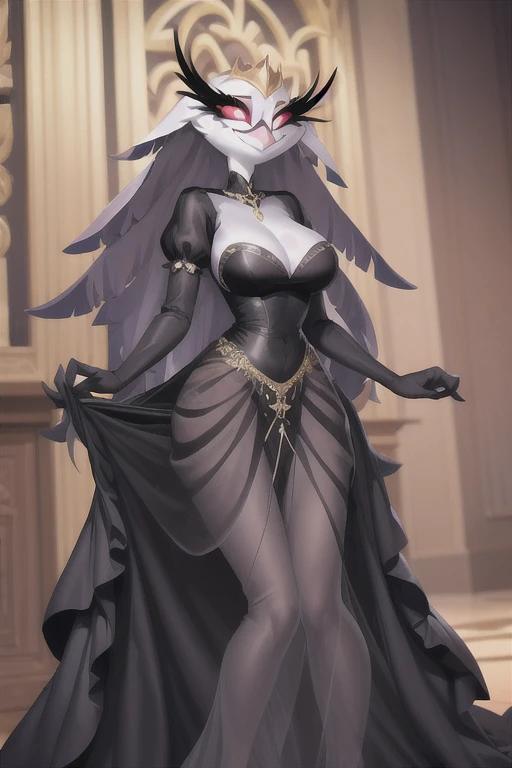 (best quality, masterpiece:1), furry female anthro stella, owl, portrait,, closed mouth, smile, wide-eyed, white pupils, black dress, black gloves, blue dress, cape, earrings, fangs, hair ornament, jewelry, long dress, necklace, see-through