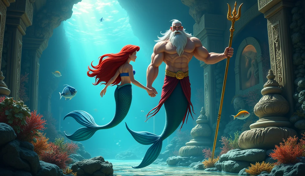 Mermaid Ariel and her father are swimming through the royal museum that shows a little about sea creatures