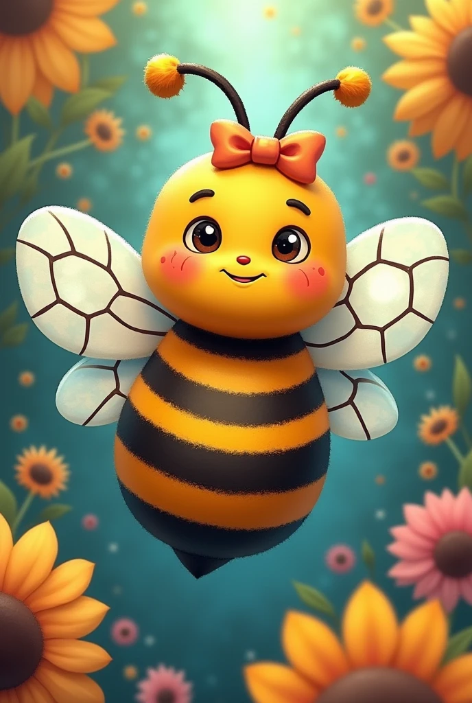 Cartoon bee seen from above where the wings have the pattern of a soccer ball and put a bow on its head 