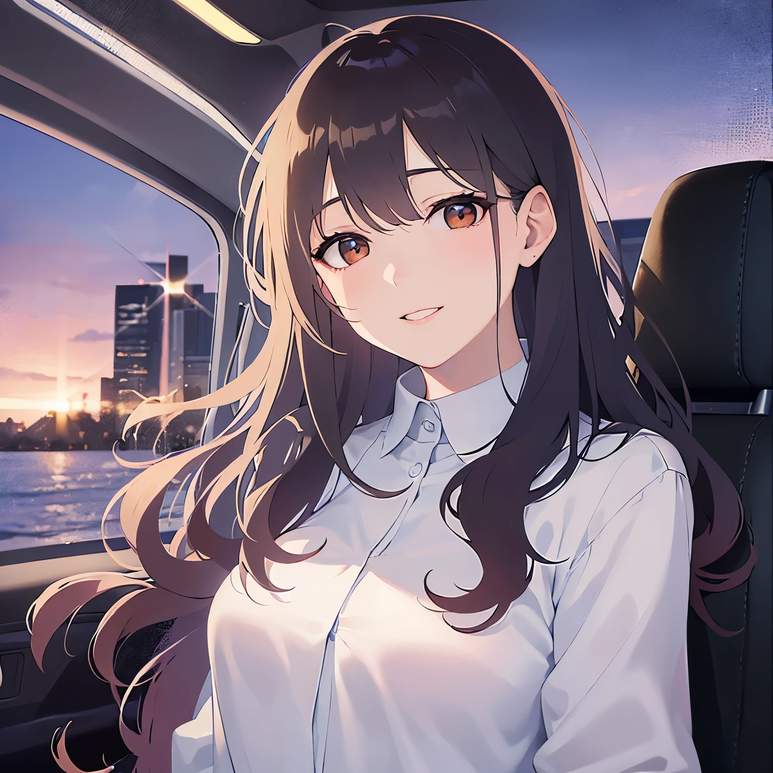 (looking at viewer:1.5),Upper Body,Have a coffee、head tilt,
Realistic, real person, (pale skin: 1.2), RAW photo, photorealistic, shiny skin, shiny hair、
(A 2 woman with medium-length hair and bangs) and (wavy hair) and (brown hair) and (orange eyes) ,
(white collared shirts)
smile,
Passenger seat of a car、(alone:1.5)