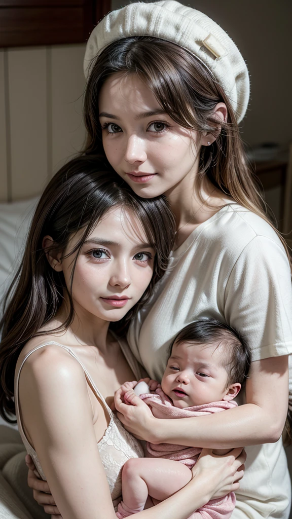 Woman with two newborn babies in her arms, couple of newborn twins in arms, leaving the maternity ward, full hd, 4K, mom with babies on her lap