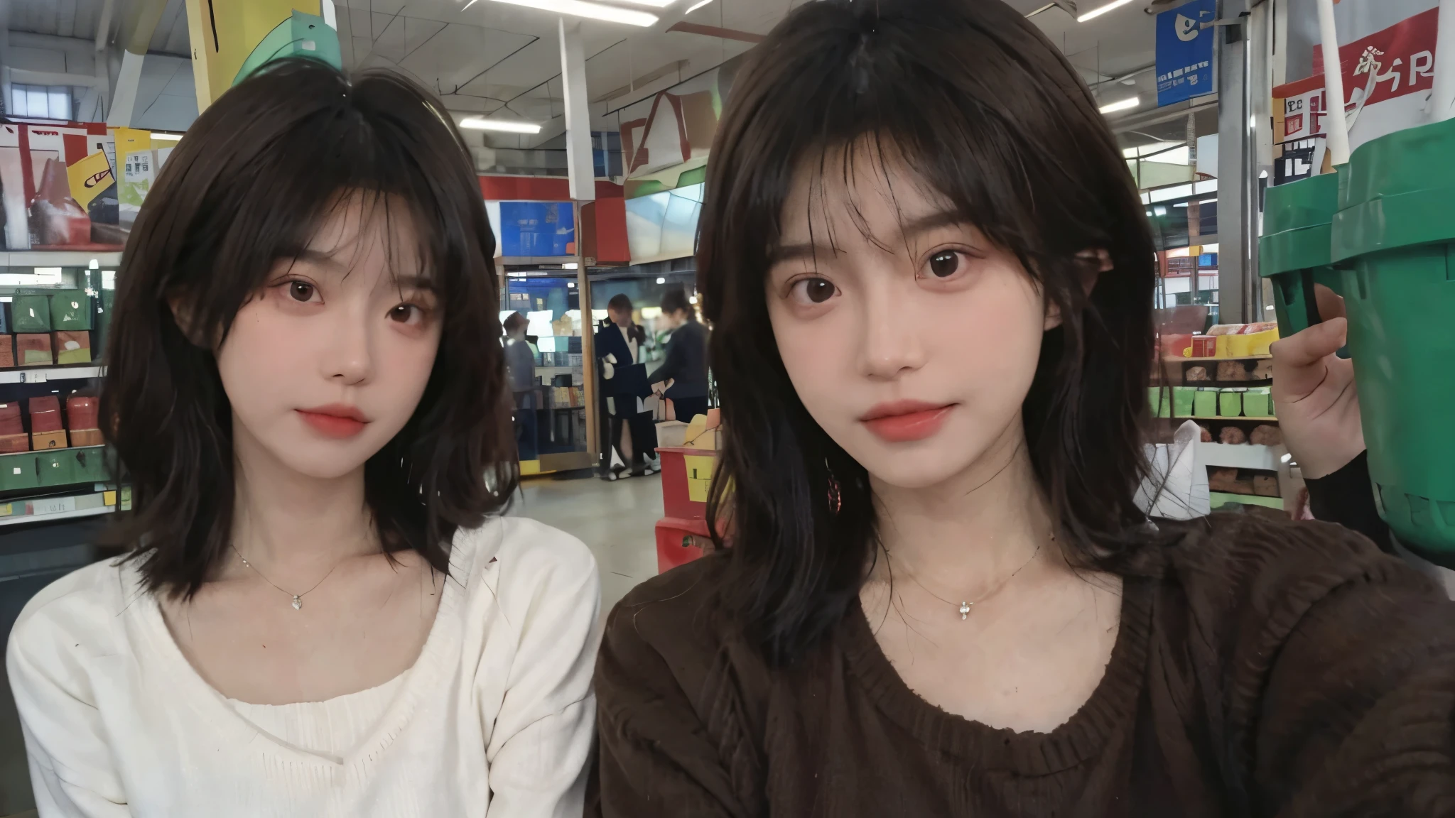 Best quality,Ultra-high resolution,(Realism:1.4),Cute hairpins,Baoyu Girl,1 Girl,Red short sweater,Beautiful woman with a slim figure:1.4,Abdominal muscles:1.1,(Brown hair,Mid-chest:1.3),supermarket,Super delicate face,Exquisite eyes,Double eyelids,make faces,necklace