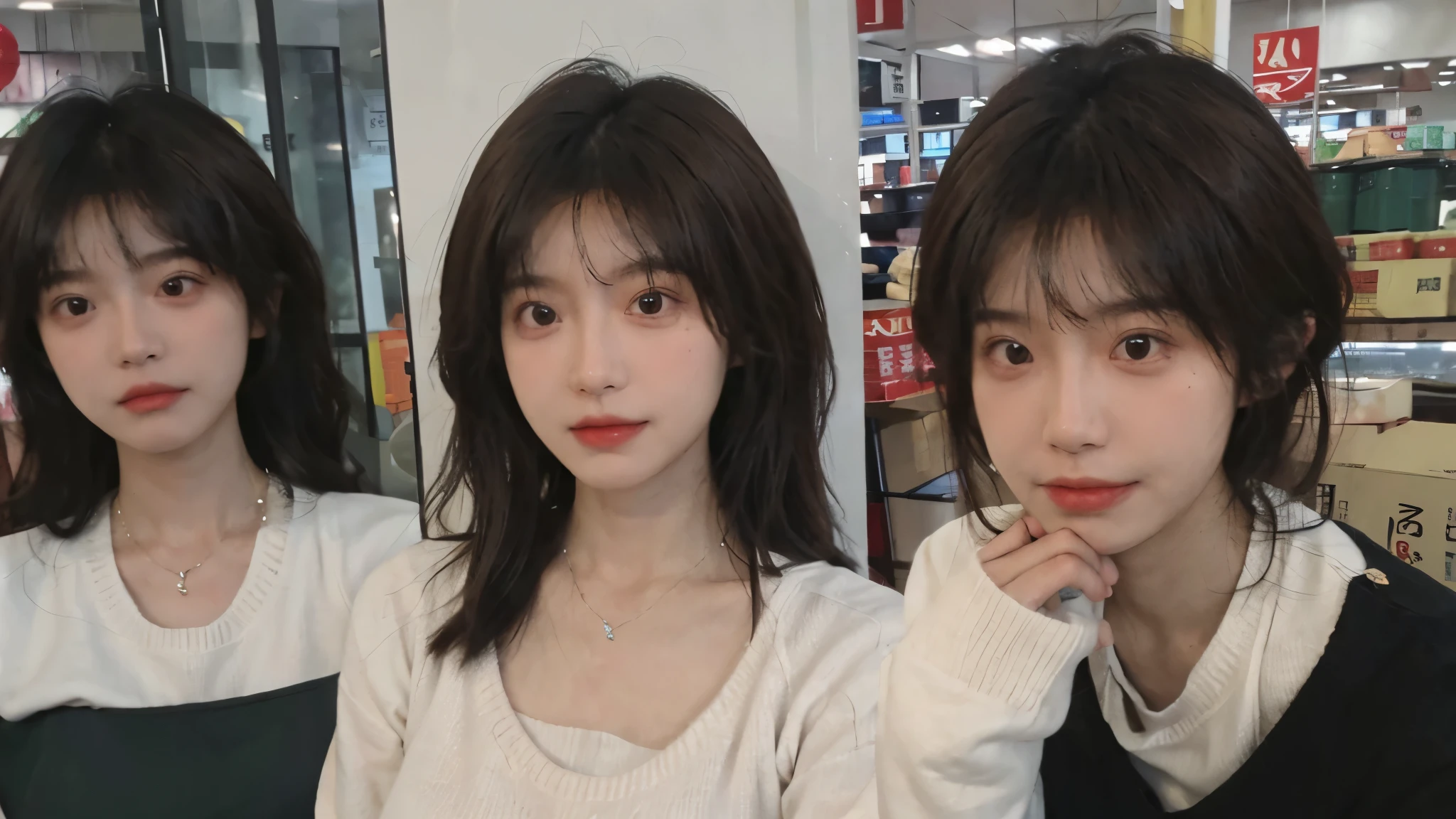 Best quality,Ultra-high resolution,(Realism:1.4),Cute hairpins,Baoyu Girl,1 Girl,Red short sweater,Beautiful woman with a slim figure:1.4,Abdominal muscles:1.1,(Brown hair,Mid-chest:1.3),supermarket,Super delicate face,Exquisite eyes,Double eyelids,make faces,necklace