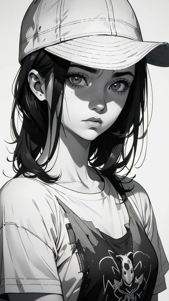 1 boyish girl, solo, sharp eyes, monochrome, greyscale, short black hair, portrait, white T-shirt, Thin eyebrows, closed mouth, looking at viewer, graphite \(medium\), detailed lips, hatching \(texture\), without makeup, bangs, upper body, (best illustration), (best quality), (very detailed), (masterpiece), expressionless,