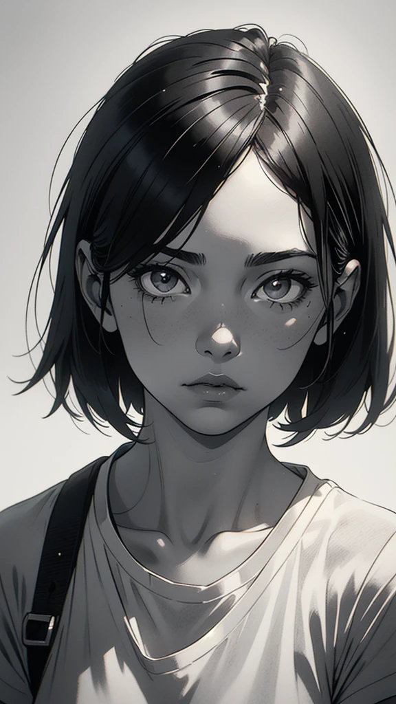 1 boyish girl, solo, sharp eyes, monochrome, greyscale, short black hair, portrait, white T-shirt, Thin eyebrows, closed mouth, looking at viewer, graphite \(medium\), detailed lips, hatching \(texture\), without makeup, bangs, upper body, (best illustration), (best quality), (very detailed), (masterpiece), expressionless,