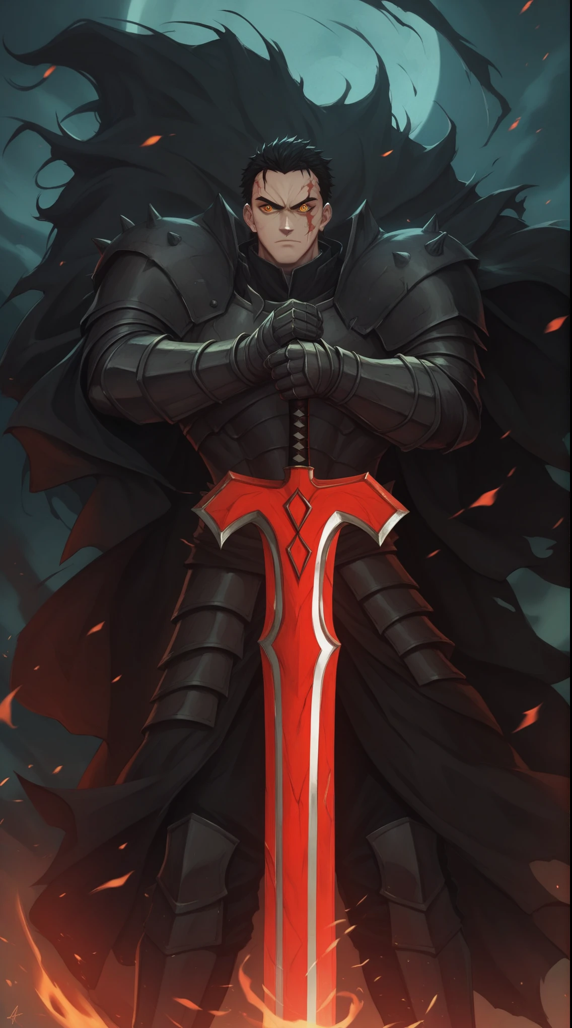 a painting of a man in armor holding a sword in front of a fire, handsome guy in demon slayer art, badass anime 8 k, by Yang J, anthropomorphic raven knight, demon slayer artstyle, berserk art style, demon slayer rui fanart, epic fantasy art style, berserk skullknight black armor, dark fantasy style art, holds a black sword