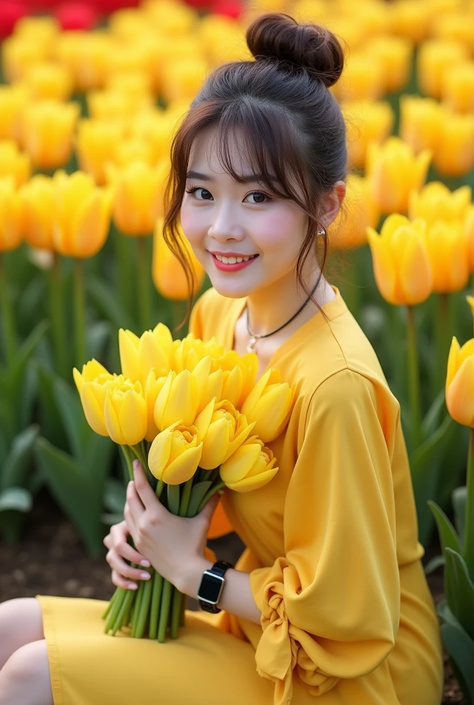 A beautiful Indonesian woman, smooth white skin, well-groomed face,top bun hair, Korean style with bangs, ,wearing a dress ,closed chest, knee length yellow,left and right sleeves with beautiful ribbons,balloon sleeve model ,holding a bouquet of yellow tulips ,black watch, white shoes, sitting pose, in the grove of tulips, red ,yellow that blooms beautifully and densely. Tulip garden background, beautiful very amazing .Realistic original photo
