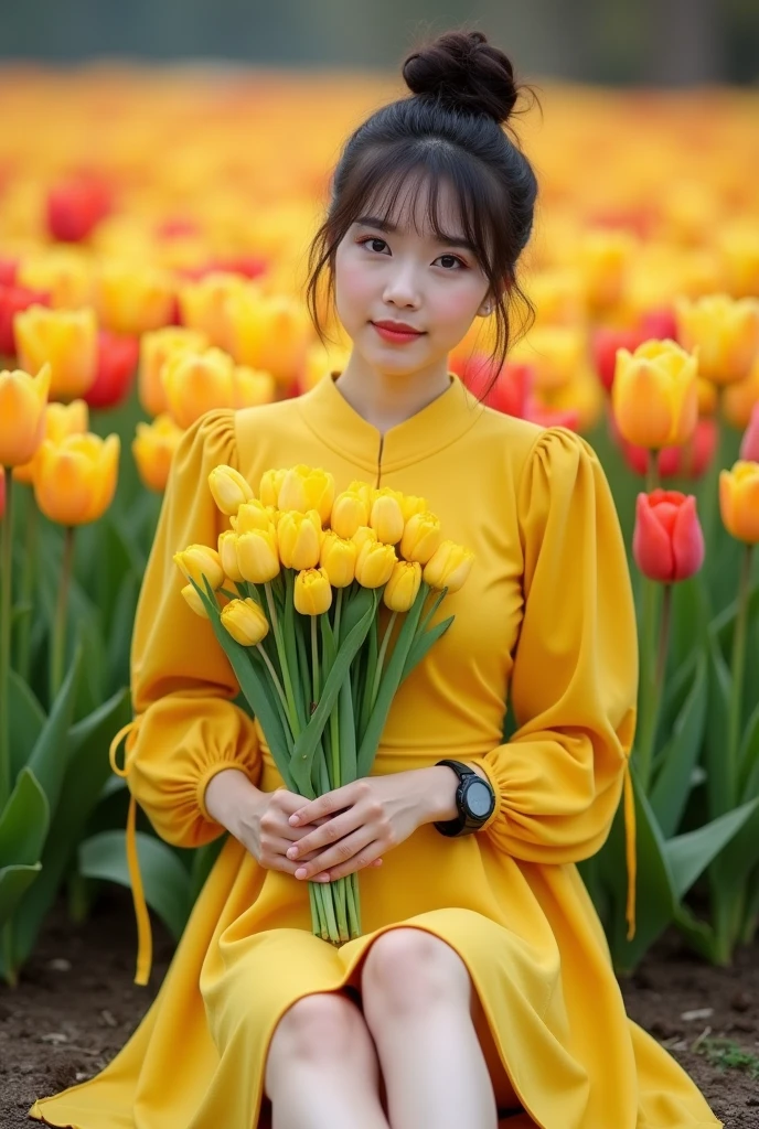 A beautiful Indonesian woman, smooth white skin, well-groomed face,top bun hair, Korean style with bangs, ,wearing a dress ,closed chest, knee length yellow,left and right sleeves with beautiful ribbons,balloon sleeve model ,holding a bouquet of yellow tulips  ,black watch, white shoes, sitting pose, in the grove of tulips, red ,yellow that blooms beautifully and densely. Tulip garden background, beautiful very amazing .Realistic original photo 