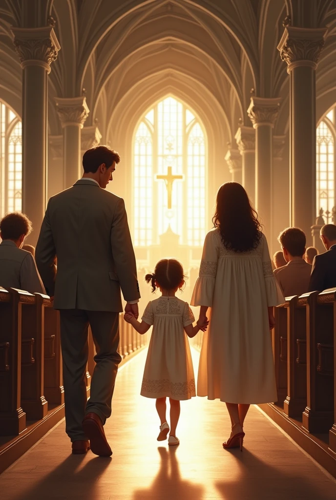girl going to church with her mother and father