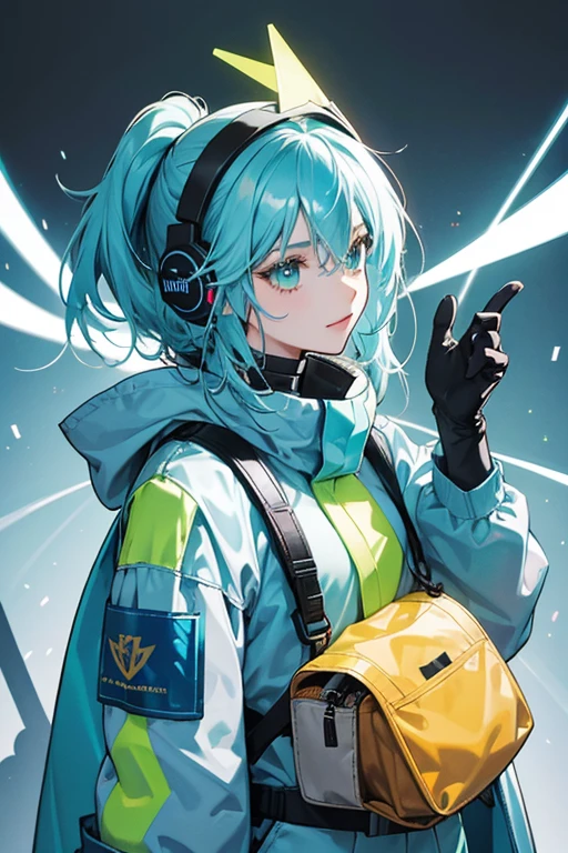 she appears to be a with cyan hair with light blue streaks and bright green eyes and wears a pair of grey headphones that sometimes show a translucent orange-yellow visor connected to them. sHe wears a suit and a dark grey coat with cyan edges fastened by a belt with a similarly colored pouch connected to it. sHe is shown to carry a grey backpack containing various technical equipment at all times. SPARKLE; GLITTER