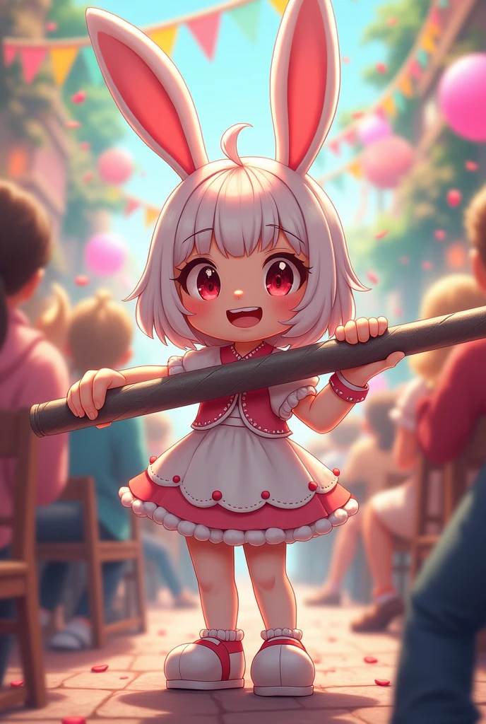 Happy cute bunny girl with big stocking with gray iron bar in hand in show party