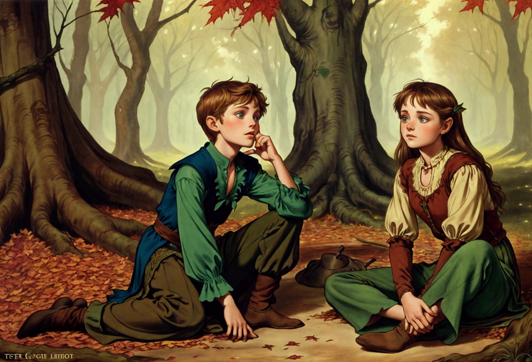 In a forest, a teeneger boy (blue shirt and rotten green pants halfway down his legs, no shoes, very flowing brown hair), ((Peter Pan style)) and a teeneger girl (dress and blouse in neutral tones almost medieval clothes ), light brown hair at shoulder length, are sitting under a tree. The boy's expression is one of joy, the girl's expression is one of sadness. It's an autumn dark afternoon, dry leaves cover the ground. Very detailed design, Gustave Dore style. The clothes remind us of Grimm Brothers tales
