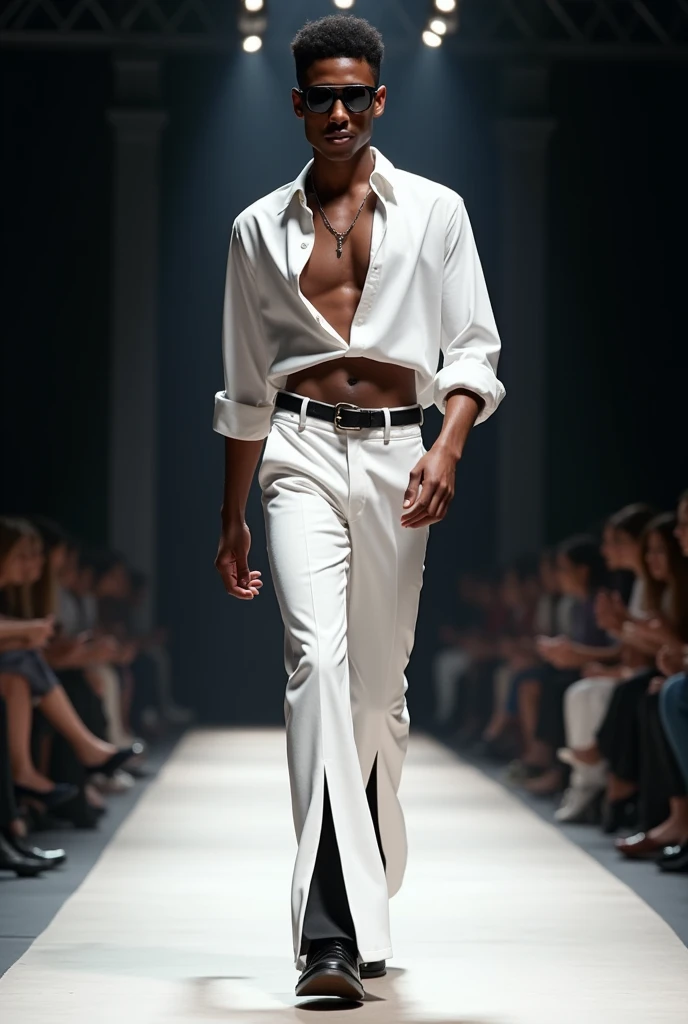 A dark-skinned age boy, delgado, on a catwalk with black glasses, short white shirt, With waist, white bell bottom pants with black hems