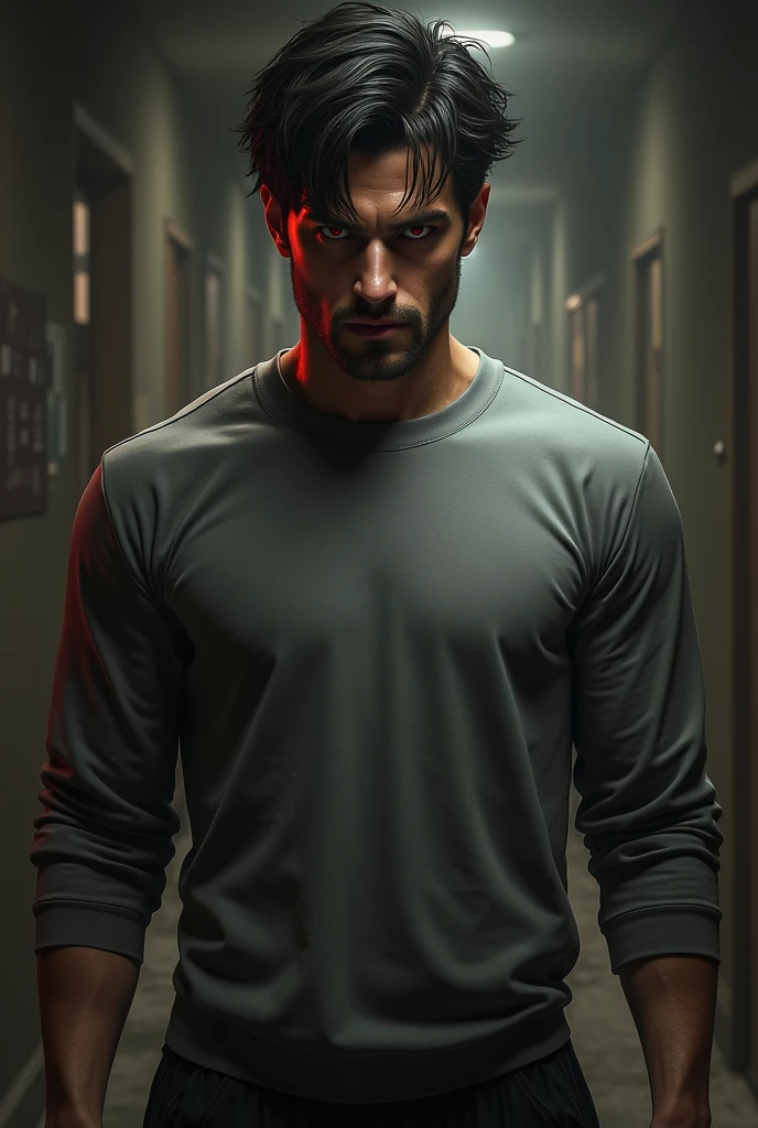naughty man, brunette skin, Eyes red, short black hair, defined body and wearing casual clothes or sweatshirt and pants