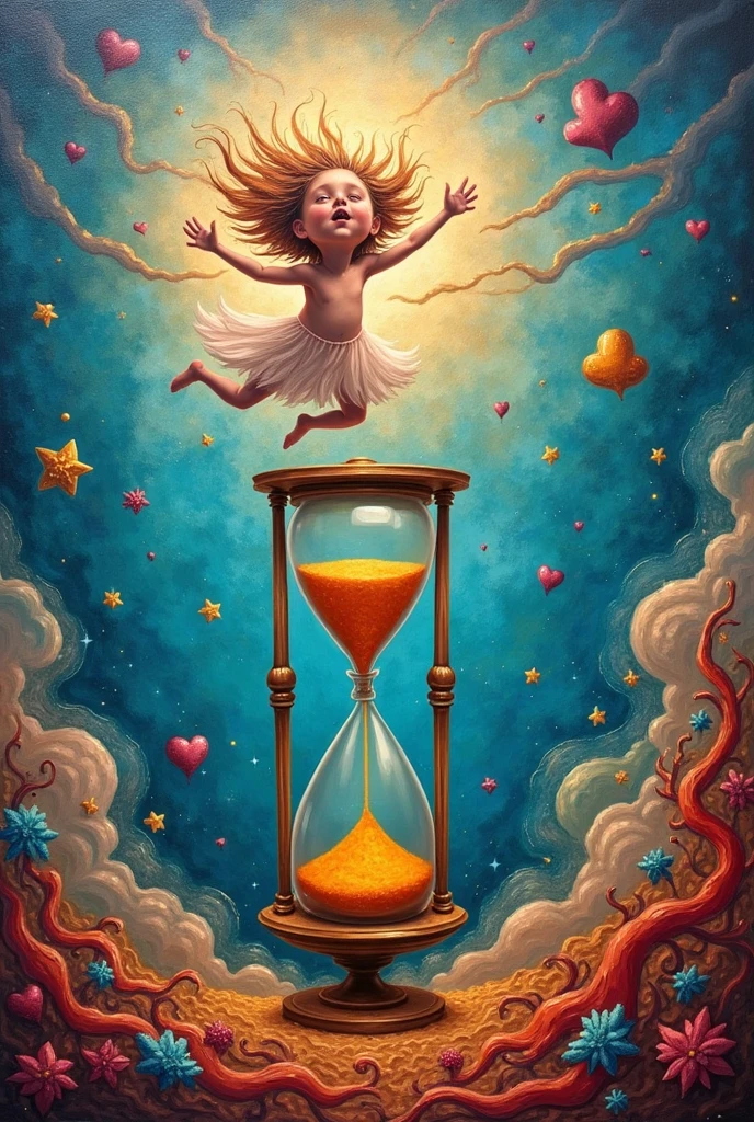 Surrealist painting about the joy of living that includes an hourglass