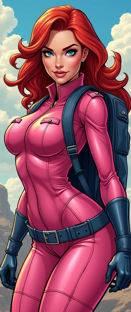 .2 woman , long and smooth red tone hair, bright and expressive blue eyes, she opted for a pink military outfit. Booty, busty. Comic style. Marvel comics. Bagpack