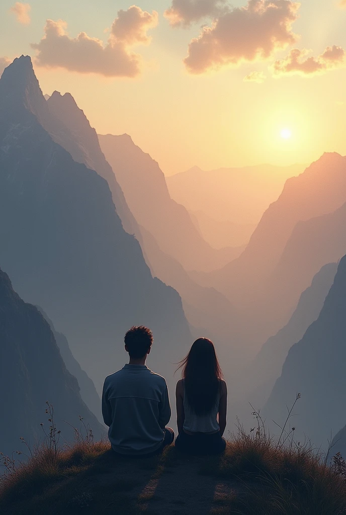 A man and woman sitting at edge of hill. Hill is so much high. A big plain ground is their at bottom of hill and it is spread in very huge area. They both facing towards ground or mountains which are far apart from them. The mountain are far apart from them.Do not make it smoky or invisible the view of mountain assume that the environment is clear. The scene is of evening.The image should give back facing of them and facing towards ground or mountain. 
Generate the image.Keep the previous image as at is and make the hill higher. Reduce the no of mountain in previous image make them far apart from the hill. The mountain should be big. Keep the view exactly back of them. Reduce the no of mountain. Keep a big ground at bottom of hill which is spread in large area. Remove the nearest mountain. Make the mountains too much far. Keep the image same. Make the hill simple do not add stones 