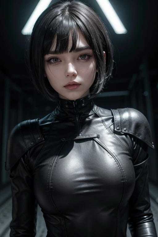 Perfect female android, short hair, straight front bangs covering the forehead to the eyebrows, Yor Forger style hair, black gothic futuristic outfit with gray details