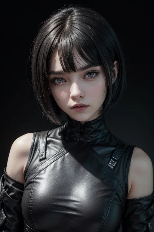 Perfect female android, short hair, straight front bangs covering the forehead to the eyebrows, Yor Forger style hair, black gothic futuristic outfit with gray details