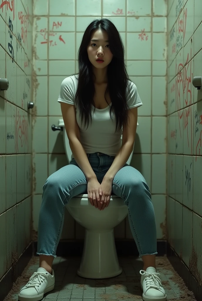 (Old public toilet)black hair korean actress korean woman.Wear skinny jeans that fit your body well and a short-sleeved T-shirt that fits your body well......Sitting on the toilet.very big breasts.very big breasts.jib.((8k)).With a surprised look. A skinny woman with a scared look.Young woman in her 20s(super big tits).big breasted woman.Wearing white sneakers.