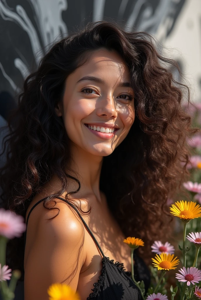 Portrait of gorgeous young curly woman, long curly hair, left view, thai woman type, sexy fun smile, high contrast colors, wildflowers, fluid dark pattern painting background, black white background, natural sunlight, street photography, 4k, professional lens.