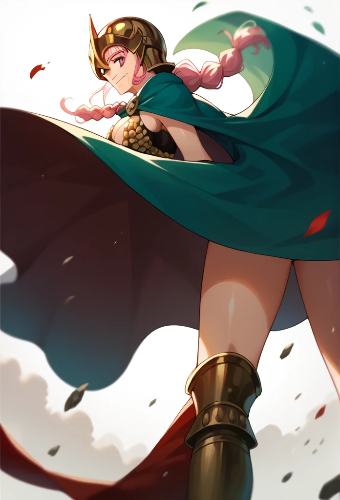 1girl, Solo, rebecca, anime style, pink hair, pink eyes, cape, large breasts, braid, long hair, cleavage, shiny skin, helmet, From Behind, smile, From Below, cape wavering in fronts, cape infront, long cape 