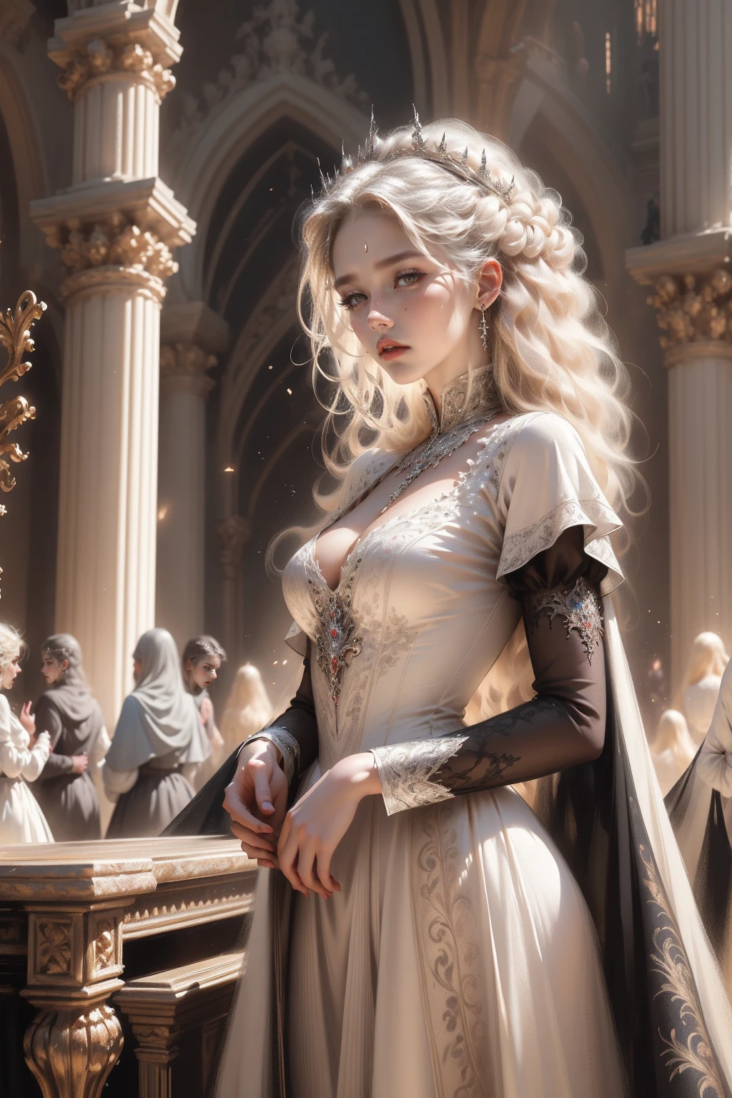 (Masterpiece - Ultra-detailed, very high resolution) Prepare to be enchanted by a true masterpiece that combines ultra-detailed art with high-resolution rendering. This work depicts a mesmerizing woman with very long blond hair (1.3) and captivating light blue eyes (1.2), emanating an aura of elegance and mystery in Victorian settings. The intricate details and realistic textures invite you to explore every aspect of this enchanting composition. Woman wearing beautiful classic Victorian costume from the year 1878. Red lips. Happy face. Smiling. (white dress:1.2). Dancing lightly, upper body, dynamic poses. Get ready to dive into a world where beauty and craftsmanship merge perfectly.