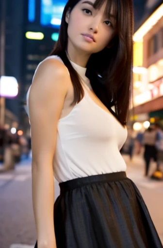 (((best quality))),1 female,slender face,(((arms behind))),(((cool beauty))),Black Hair,Brown Eyes,medium hair,straight hair,small breasts,looking at viewer,bed,2,No pubic hair,Height: 160cm,(full body),blouse,Standing in a busy street at night,mini skirt,Provocative look,bangs,Seductive expression