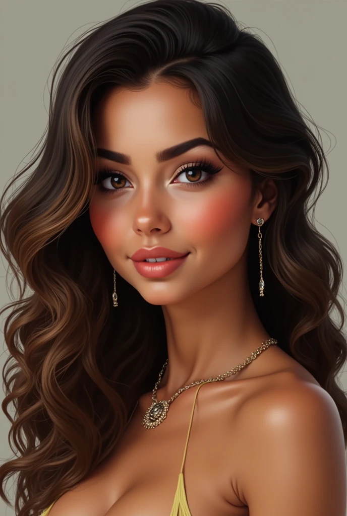 Face of a Brazilian woman, rounded, with a slight cheek and round chin,com olhos castanhos,big teats, long and striking, black eyebrows and eyelashes, round nose slightly flattened, average size, mouth with thick lips in a slightly pink color with a smile on the face that highlights just a dimple on the side of the cheek, very curly dark brown hair with honey-colored highlights.