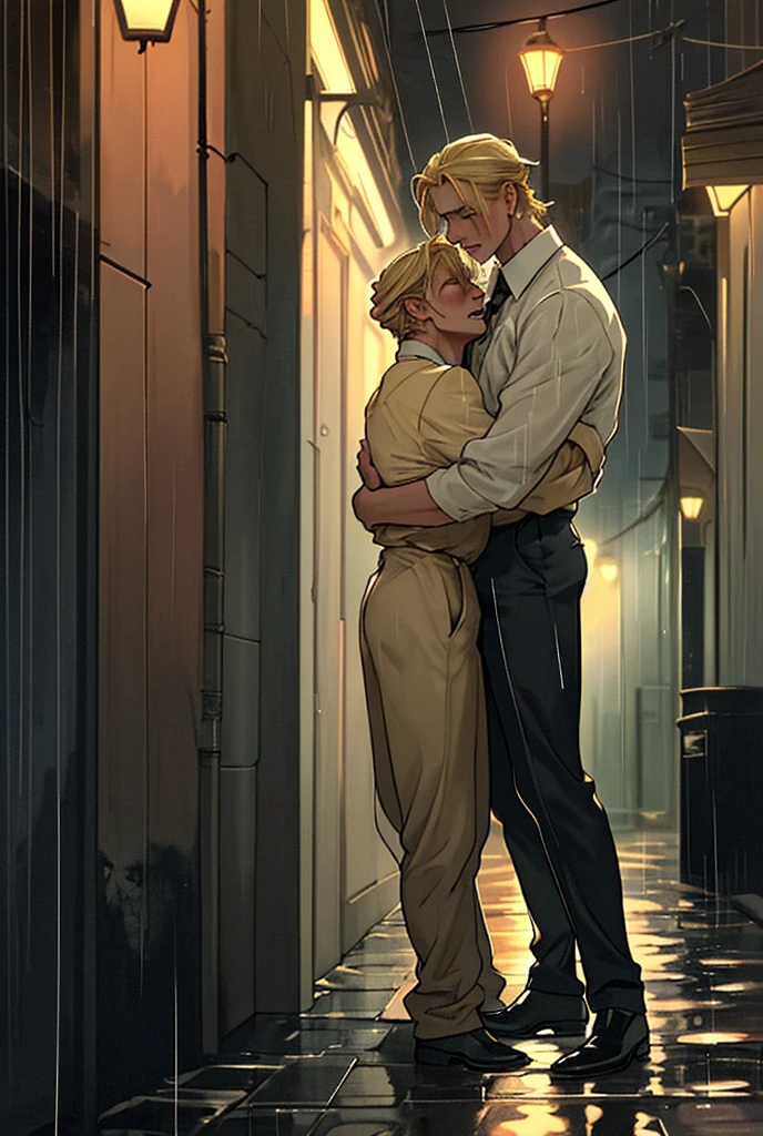 two men, the shorter one with blond hair and the taller one with dark hair, hugging each other in the rain crying, clothes from the thirties, night, old streets