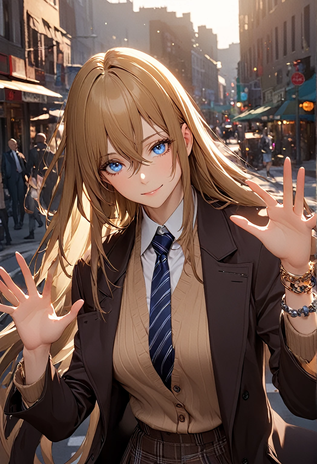  Long Hair, (blue eyes:1.3), Golden Hair, Hair between the eyes, smile,Mannish Fashion,
Long coat, Skinny pants, jewelry,Transparent black and brown vertical stripes , Striped, bracelet, Plaid, Plaid skirt, Striped necktie, Collared shirt, (Light brown sweater:1.2),
break  downtown,sunlight,
break looking at viewer, (Cowboy Shot),
break (masterpiece:1.2), Highest quality, High resolution, unity 8k wallpaper, (figure:0.8), (Beautiful attention to detail:1.6), Highly detailed face, Perfect lighting, Highly detailed CG, (Perfect hands, Perfect Anatomy),（Five fingers）